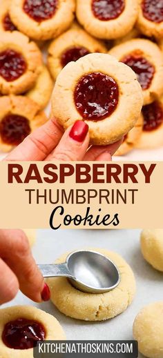 raspberry thumbprint cookies on a cookie sheet with a spoon