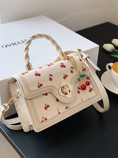 Lightweight,Business Casual Mini Cherry Graphic Square Bag For Teen Girls Women College Students,Rookies & White-Collar Workers Perfect For Office,College,Work ,Business,Commute,Outdoors, Travel, Outings, Kawaii Cherry Elements White Elegant,Fashionable   PU Leather Fruit&Vegetable,Plants Square Bag   Women Bags, size features are:Bust: ,Length: ,Sleeve Length: Classy Handbags, Purse Aesthetic, Aesthetic Designer, Viral Products, Shein Women, Bags Fabric, Women Products, Bags Crochet