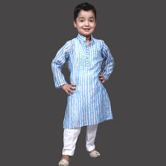 Blue Kids Kurta Pyjama - Cotton kurta pyjama for Baby Boys online in India. Chanderi Kurta with cotton Pajama set for Festival, Wedding Cotton Pajama Set