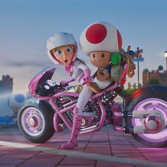 two people on a pink motorcycle in the animated version of mario and luigi kart