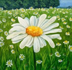 a painting of a white daisy with yellow center surrounded by green grass and daisies