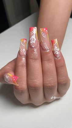 Designs For Short Nails, Tropical Nails, Summery Nails, Long Square Acrylic Nails, Summer Acrylic Nails, Pink Acrylic Nails, Oval Nails, Square Acrylic Nails, Luxury Nails