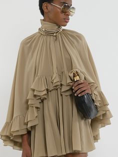 Chloé Mini Cape Dress In Silk Georgette | Chloé US Chic Dresses With Draped Sleeves In Silk Crepe, Chic Dresses With Ruffles And Cape Sleeves, Chic Evening Chiffon Dress For Fall, High Neck Ruffled Evening Dress, High Neck Ruffle Evening Dress, Chic Cape Dress For Fall, Flowy Cape Dress For Party, Chic Silk Dress With Cape Sleeves, Chic Cape Dresses For Spring