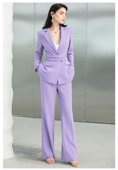 Elegant Purple V-Neck Wide Leg Pantsuit Set. Peak lapels; front button blazer V-neck, Long sleeves; button cuffs. Structured shoulders. Ruffle waist Empire waist Polyester 92% Spandex 8% Imported Brand - Aision Model Number - 223158 Purple Pant Suits Women, Prom Pantsuit Woman, Purple Suit Women, Prom Pantsuit, Bridesmaid Pantsuit, Work Outfits Women Winter, Work Outfits Women Professional, Lavender Outfit, Estilo Kardashian