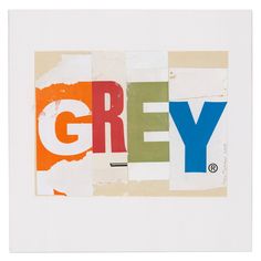 the word grey written in multicolored letters on white paper with orange, blue, and green