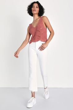 Stay on top of the hottest summer trends with the Lulus Pointelle Princess Rose Knit Sleeveless Cropped Sweater Tank! Plush chenille knit, with pointelle details, shapes this top with wide straps that support a V-neckline atop a flowy bodice with a cropped hem. Pair with some cute high-waisted shorts for a cool and casual look you will love! Fit: This garment fits true to size. Length: Size small measures 18.5" from shoulder to hem. Bust: Great for any cup size. Waist: Not Fitted - comfortable r Cheap Sleeveless Pointelle Knit Top, Spring Trendy Pointelle Knit Tank Top, Casual Sleeveless Pointelle Knit Crop Top, Summer Sleeveless Pointelle Knit Top, Spring Sleeveless Pointelle Knit Camisole, Adhesive Bra, Pointelle Knit, Lovely Tops, Sweater Tank