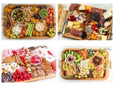 three pictures of different types of food in trays and on serving trays, each with various kinds of finger foods