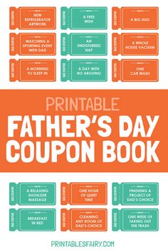 the printable father's day coupon book is shown in turquoise and orange