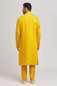 Yellow straight kurta with mirror embroidery. Paired with a pant and dupatta. - Aza Fashions Yellow Mirror, Embroidery Mirror, Mirror Embroidery, Men Kurta, Kurta Pant Set, Straight Kurta, Kurta With Pants, Cotton Embroidery, Pant Set