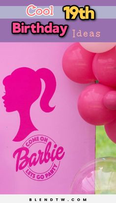 a pink birthday card with the words barbie on it and balloons in front of it