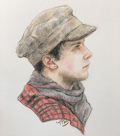 a drawing of a man with a hat and scarf around his neck, looking to the side