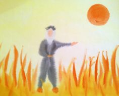 a painting of a man throwing a frisbee to another person in the grass