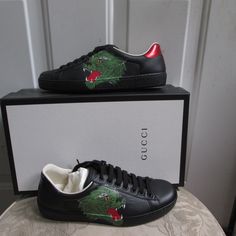 Aujentic, Made In Italy Comes With Original Box And Dust Bag Low Top Black Custom Lace-up Sneakers With Embroidered Logo, Black Lace-up Custom Sneakers With Embroidered Logo, Black Custom Sneakers With Embroidered Logo, Black Sneakers With Embroidered Logo, Black Casual Custom Sneakers With Embroidered Logo, Casual Black Custom Sneakers With Embroidered Logo, Gucci Leather Custom Sneakers For Streetwear, Gucci Leather Sneakers For Streetwear, Gucci Custom Sneakers With Embroidered Logo For Streetwear