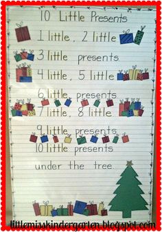 a poster with christmas presents on it and the words ten little presents under the tree