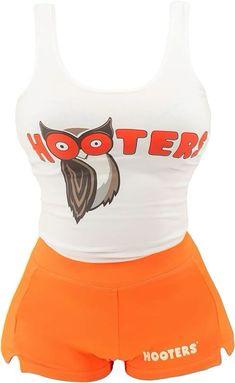 a women's white top and orange shorts with an owl on the front,