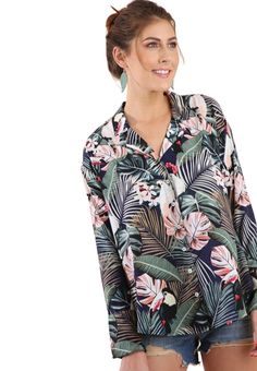 Navy Blue Tropical Print Collared Button Up Top with Long Bell Sleeves light weight fabric perfect for a summer day. Style tied in the front Tropical Print Top, Mango Yellow, Studded Shirt, Tie Waist Shirt, Drape Jacket, Long Bell Sleeves, Womens Flannel Shirt, White Stripes Shirt, Beige Plaid