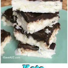 chocolate and marshmallow squares stacked on top of each other with the words keto written below