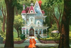 a painting of a dog sitting on a bench in front of a large white house