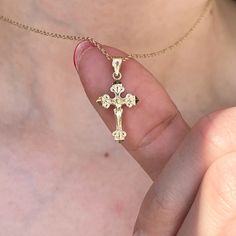 14KT yellow gold diamond-cut detailed crucifix cross pendant charm. Length: 23mm including bail; 17.7mm not including bail Width: 12mm Weight: .62 gram Fits up to 4mm chain Stamped 14K Flat backside Chain not included Fine Jewelry Crucifix With Diamond Cut, White Gold Diamond Cut Crucifix Jewelry, White Gold Diamond-cut Crucifix Jewelry, White Gold Crucifix With Diamond Cut, Gold Diamond Cut Crucifix Jewelry, Engraved Yellow Gold Crucifix Jewelry, Yellow Gold Diamond Cut Crucifix Necklace, Fine Jewelry Diamond Cut Crucifix Cross Necklace, Yellow Gold Cross Charm Jewelry