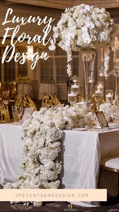 a table with flowers and candles on it for a luxury floral design event in white and gold