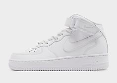 A hoops icon lives on in these women's Air Force 1 Mid sneakers from Nike. In a crisp White colourway, these mid-top kicks have a layered leather and synthetic upper, with a padded ankle collar and a hook-and-loop closure to lock in your comfort. Featuring perforations to the toe box, they're sat above a durable foam midsole and signature Air cushioning for a lightweight, responsice ride. With a non-marking rubber outsole for lasting grip, these trainers are finished off with tonal Swoosh branding at the sidewalls. Ankle Sneakers, Mid Sneakers, Nike Air Force 1 Mid, Air Force 1 Mid, Trainers Shoes, Mid Top, Jd Sports, Shoes Trainers, Nike Air Force 1