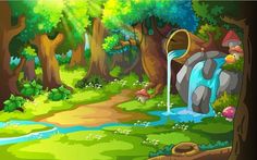 an image of a forest scene with a waterfall and gnomes in the woods illustration