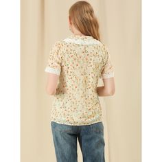 Take you from work to casual wear with this Allegra K shirt. In sweet floral prints, the lightweight and comfortable fabric is decorated with a lace trim and short sleeves. This short-sleeved shirt is enhanced by a cute floral and embroidered design and will be added right into your spring-summer wardrobe. A cute peter-pan-collar shirt is tailored with beautiful embroidery, a fresh flowered pattern, and a straight-cut silhouette. The button-down closure allows it to sit perfectly at the top of y Summer Lace Patchwork Short Sleeve Blouse, Summer Short Sleeve Blouse With Lace Patchwork, Summer Blouse With Lace Patchwork And Short Sleeves, White Short Sleeve Blouse With Ditsy Floral Print, Casual Short Sleeve Blouse With Lace Collar, White Blouse With Ditsy Floral Print And Short Sleeves, Casual Blouse With Lace Collar And Short Sleeves, Feminine Short Sleeve Blouse With Lace Patchwork, Short Sleeve Cotton Blouse With Lace Collar