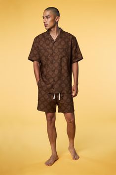 Men’s Pajama Set - Brown Geo Short - 1 of 5 Print Shorts Outfit, Island Outfits, Old Clothes Refashion, Island Outfit, Packing Guide, Camp Shirt, Lounge Shorts, Geo Print, Sweet Cakes