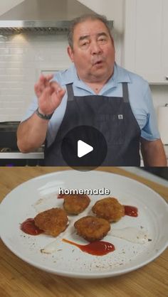 an old man is making some food on a plate with the words homemade in front of him