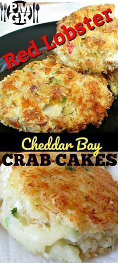 crab cakes on a black plate with the words red lobster cheddar bay crab cakes