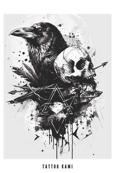 two skulls and a crow on top of each other