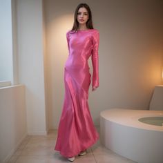 Olivia Mark - Sophisticated Winter Long Sleeve Satin Backless Split Formal Dress Long Sleeve Formal Dress, Sleeve Formal Dress, Strappy Maxi Dress, Satin Dress Long, Dress Collar, Long Sleeve Dress Formal, Satin Long Sleeve, Sophisticated Dress, Crewneck Dress