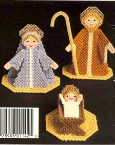 three crocheted nativitys are shown on the cover of a book,