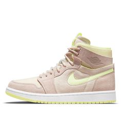 The Air Jordan 1 High Zoom Comfort 'Lemon Twist' is an iconic silhouette that offers superior comfort and style. The sneaker features a combination of yellow and pink, creating a unique and eye-catching look. The upper is crafted from soft leather for a luxurious feel, while the rubber sole provides superior cushioning. Perfect for everyday wear, this sneaker is sure to make a statement. Inspired by the classic Air Jordan 1, this sneaker is part of a timeless series that has become a staple in t Timeless Series, Wmns Air Jordan 1, Lemon Twist, Yellow And Pink, Air Jordan 1 High, Jordan 1 High, Retro Women, Air Jordan 1, Jordan 1