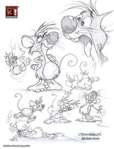 some cartoon character sketches from the animated movie ratty mouse and his friends in action