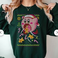 Pink Kirby Ugly Christmas Sweater - Kawaii Sweatshirt Gift - Adorable Hungry Kirby With Sweets And Cookies - Festive Holiday Attire Brand New, Never Worn. Cute Winter Sweatshirt Gift, Cute Winter Sweatshirt For Gift, Cute Winter Sweater As A Gift, Kirby Christmas, Kawaii Sweatshirt, Holiday Attire, Christmas Color, Festive Holiday, Christmas Shirt