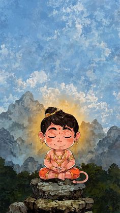 a painting of a little boy sitting on top of a rock