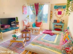 a bedroom with colorful furniture and decor on the walls, windows, and rugs