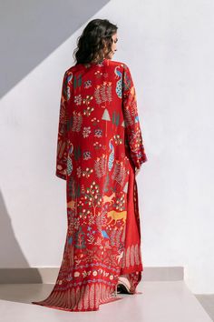 Xena Festive Red Kaftan With Printed Motifs, Red Floral Print Straight Kurta, Red Floral Print Spring Kurta, Red Floral Print Kurta For Spring, Spring Red Floral Print Kurta, Festive Printed Kaftan, Red Summer Kurta With Printed Motifs, Traditional Festive Kaftan With Vibrant Print, Summer Red Kurta With Printed Motifs