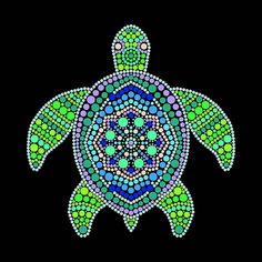 a sea turtle made up of many different colors and shapes on a black background with dots