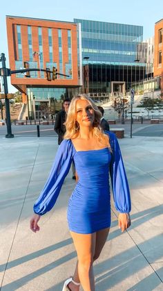 Super cute dress for homecoming/ hoco, sorority semi formal, or other semi formal event from that’s so fetch Long Sleeve Winter Formal Dresses, Cinderella Quince, 8th Grade Dance Dresses, Semi Formal Mujer, Tight Blue Dress, Homecoming 2024, Hoco Ideas, Mini Homecoming Dress