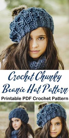 the crochet chunk beanie hat pattern is shown in two different sizes and colors