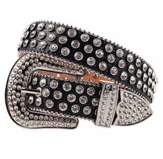 "Rhinestone leather belt. Available in sizes Small and Medium and XL . Belts are thick, sturdy and excellent quality with sparkling stones. Color is black with white stones.  S will fit waist size 30\"-32\". Total length of the belt is 42\" including buckle.  M will fit waist size 32\"-34\". Total length of the belt is 44\" including buckle. XL will fit waist size 36\"-38\". Total length of the belt is 48\" including buckle." Diamond Belt, Rhinestone Belt Buckle, Belt Making, Western Bling, Bling Belts, Bling Jeans, Cowgirl Bling, Luxury Belts, Studded Jeans