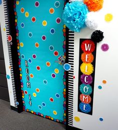 an office door decorated with colorful decorations