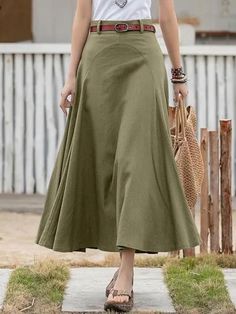 Women's Skirt Long Skirt Maxi Linen Black khaki Army Green Skirts Fashion Casual Daily S M L 2023 - US $29.99 Farm Dresses, Plus Size Long Skirts, Stylish Midi Skirt, Plus Size Long Dresses, Loose Skirt, Patchwork Skirt, Skirt Maxi, Mode Casual, Half Skirt