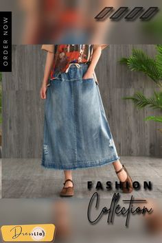 Women's Hole Make Classic Antique Denim Midi Skirt Spring Loose Casual Skirt Spring Casual Non-stretch Denim Skirt, Casual Non-stretch Denim Skirt For Spring, Baggy Denim Blue Skirt For Summer, Non-stretch Medium Wash Skirt With Pockets, Spring Straight-leg Denim Blue Skirt, Spring Relaxed Straight Leg Skirt, Non-stretch Denim Blue Skirt With Pockets, Denim Blue Skirt With Pockets, Baggy Medium Wash Denim Skirt