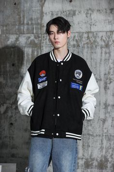 Oversized Vintage Graphic Baseball Jacket - nightcity clothing Vintage Baseball Jacket, Baseball Jacket Outfit, Hands In Pockets, Edgy Streetwear, Varsity Jacket Men, Baseball Varsity Jacket, Mens Casual Dress Outfits, Mens Casual Dress, Streetwear Style