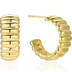 PRICES MAY VARY. These 14K gold ribbed earrings offer that versatile look to take you from day to night. With a large size and comfortable weight, they curve to match the contour of the ears. Pairs with our Bold Dome Ribbed Ring. Closure: Post/Friction. Metal: Solid sterling silver, 14k gold plating. Size: Hanging length is 3/4". Tarnishing resistant & hypoallergenic. Croissant Earrings, Ribbed Ring, Rib Ring, Shopping Coupons, Jewelry Earrings Hoops, Gorgeous Earrings, Designer Earrings, Gold Plating, Sterling Silver Earrings