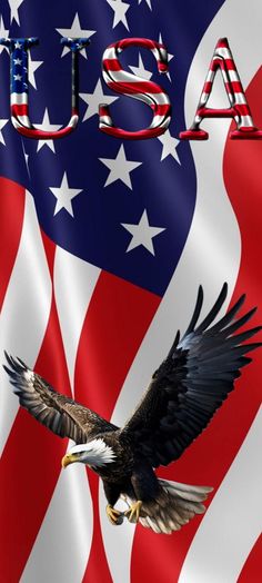 an eagle flying over the american flag with the word usa written in large letters on it