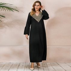 Discover elegance and comfort with our Plus Size Middle East Muslim Autumn Winter Long Sleeve Flared Sleeves Robe Dress. This stunning dress features a flattering V-neck design and beautiful embroidery that adds a touch of sophistication. The long flared sleeves offer a graceful silhouette, perfect for layering during the cooler months. Crafted from high-quality fabric, this robe dress ensures warmth and ease of movement, making it an ideal choice for festive occasions or daily wear. Embrace your style with this modest yet fashionable piece, and pair it with your favorite accessories for a complete look. Elevate your autumn and winter wardrobe with this exquisite dress! Stylish Dresses For Women, Winter Robes, Long Sleeve Embroidered Dress, Blue Plaid Dress, Dubai Abaya, Muslim Dress, Daily Dress, Summer Fashion Outfits, Embroidery Dress